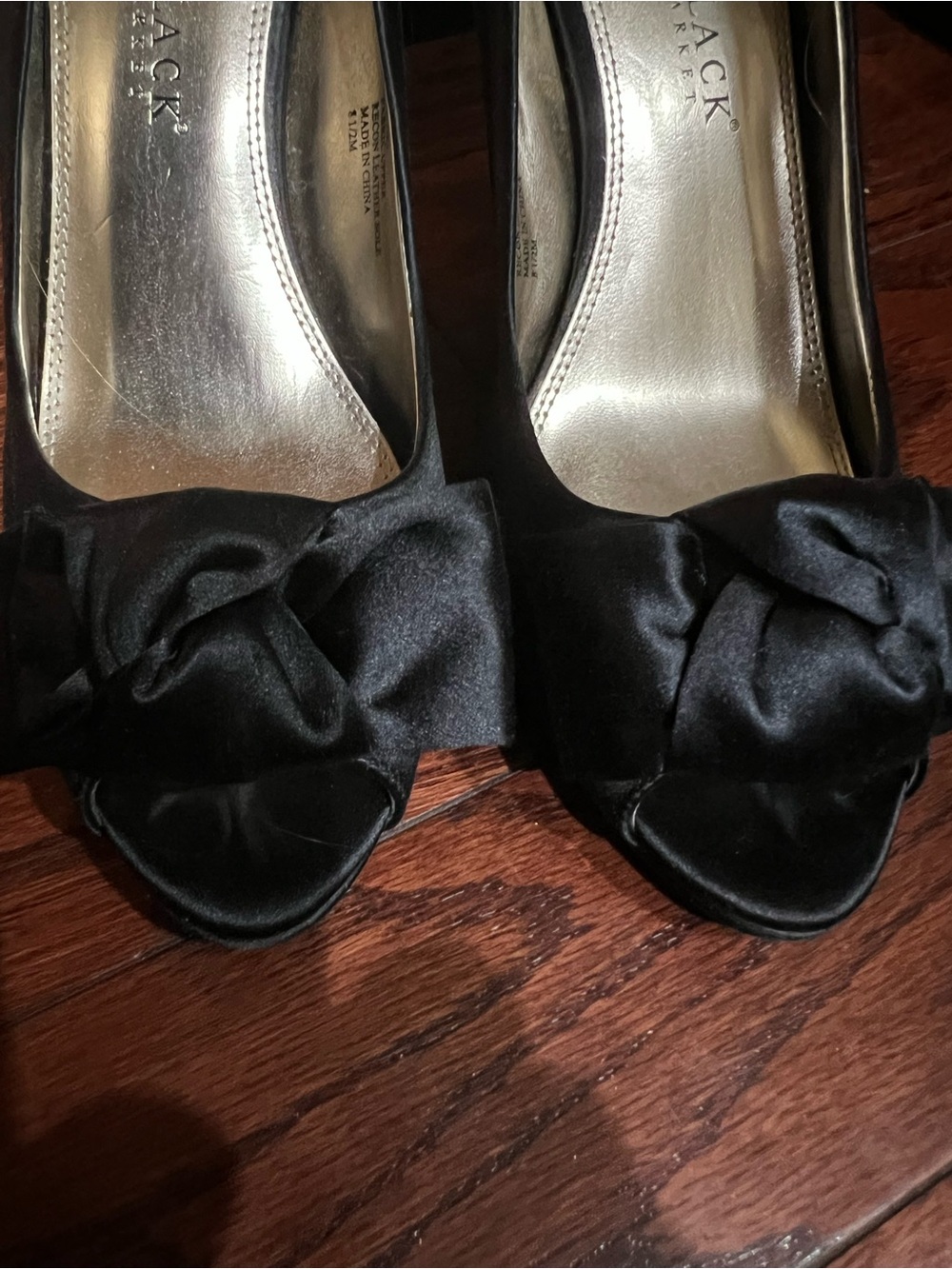 Black Satin Peep-Toe Pumps with Knot Accent - Black (White House Black Market)